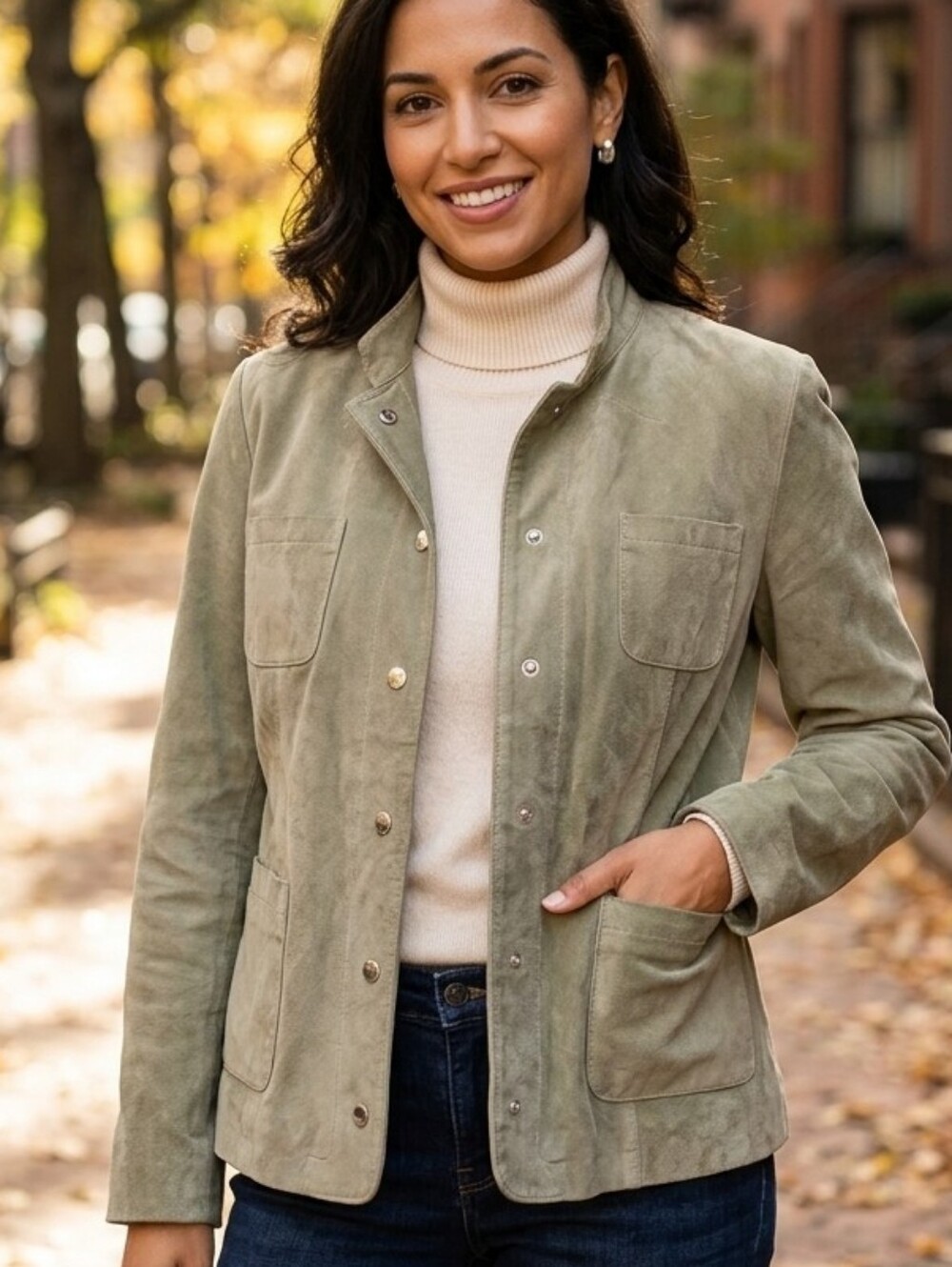 Anne Klein Olive/Sage Green Suede Leather Jacket - Size Large